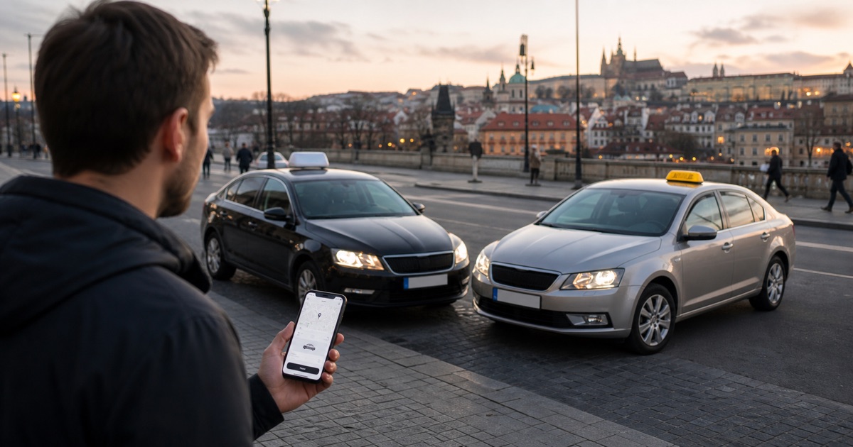 Cestující porovnává objednání jízdy aplikací s klasickým taxi
