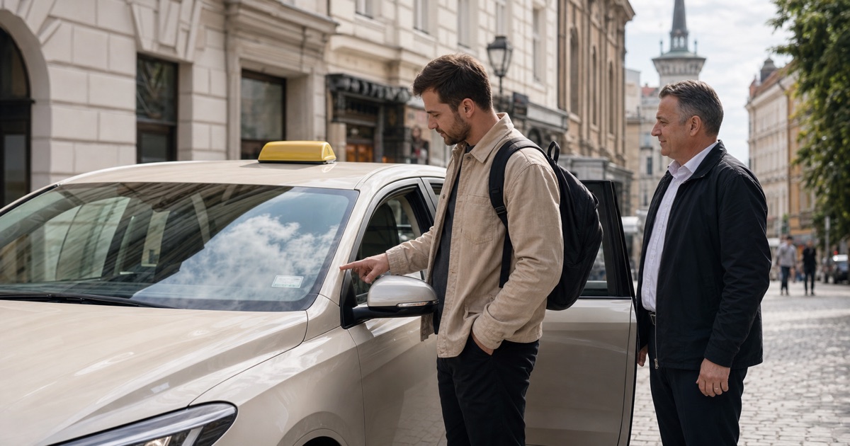 Cestující kontroluje evidenční nálepku na vozidle taxi před jízdou