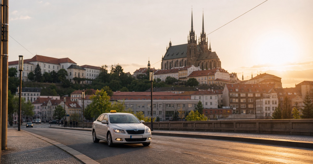 Vozidlo taxi projíždí Brnem pod katedrálou svatých Petra a Pavla