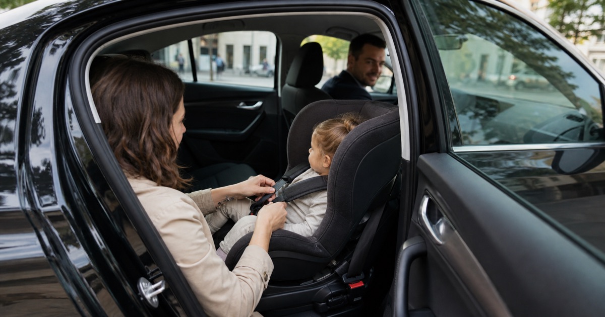 Správně upevněná dětská autosedačka na zadním sedadle vozu taxislužby
