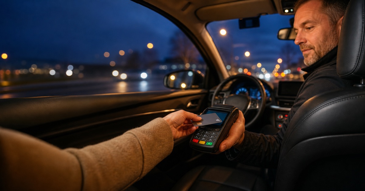 Řidič taxi přijímající bezkontaktní platbu kartou v interiéru vozidla