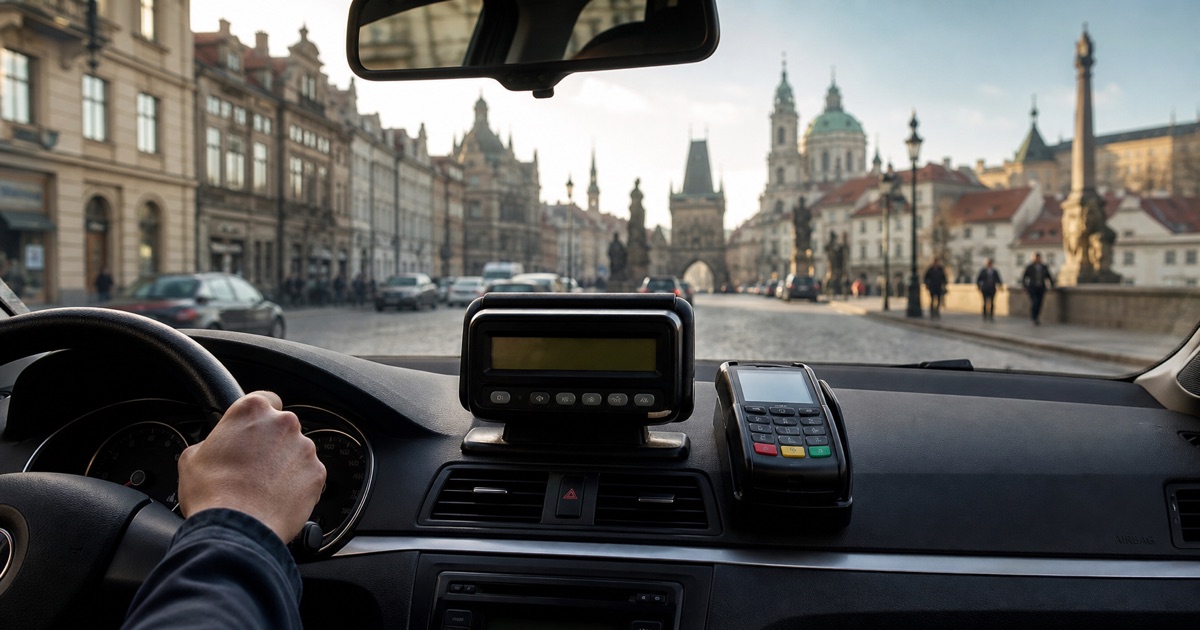 Taxametr a platební terminál uvnitř taxi v centru Prahy