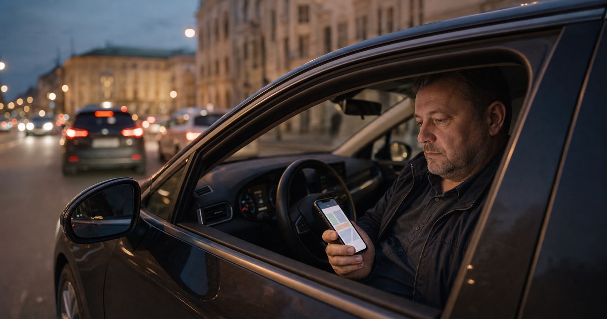 Řidič taxi kontrolující mobilní aplikaci ve voze před jízdou městem