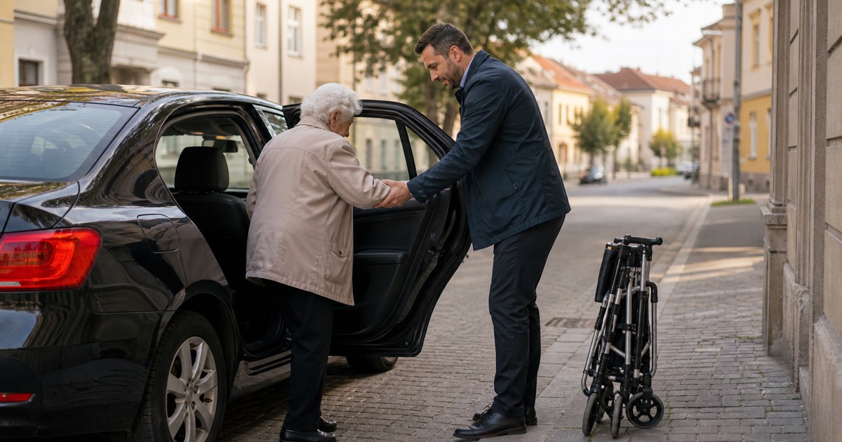 Řidič pomáhá seniorce bezpečně nastoupit do automobilu