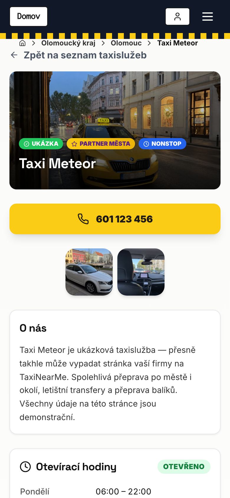 Ukázka partnerské stránky Taxi Meteor